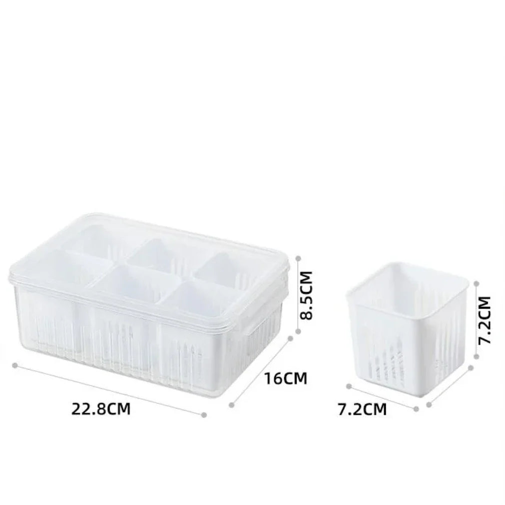 Frische-Behälter für Kühlschrank mit Abfluss und Deckel – 6 Fächer