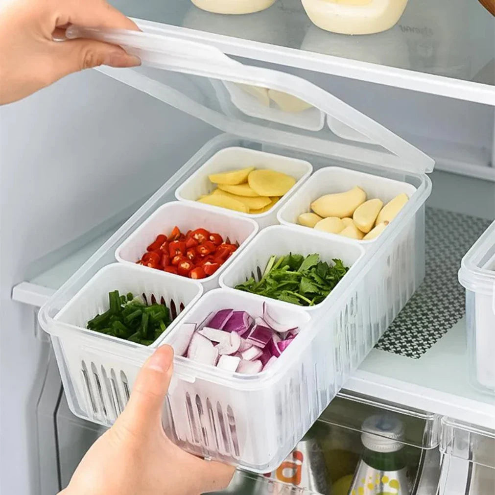 Frische-Behälter für Kühlschrank mit Abfluss und Deckel – 6 Fächer