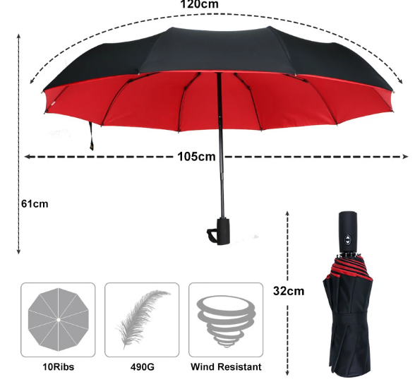 Automatischer Regenschirm mit Windschutz – Umgekehrter Schließmechanismus