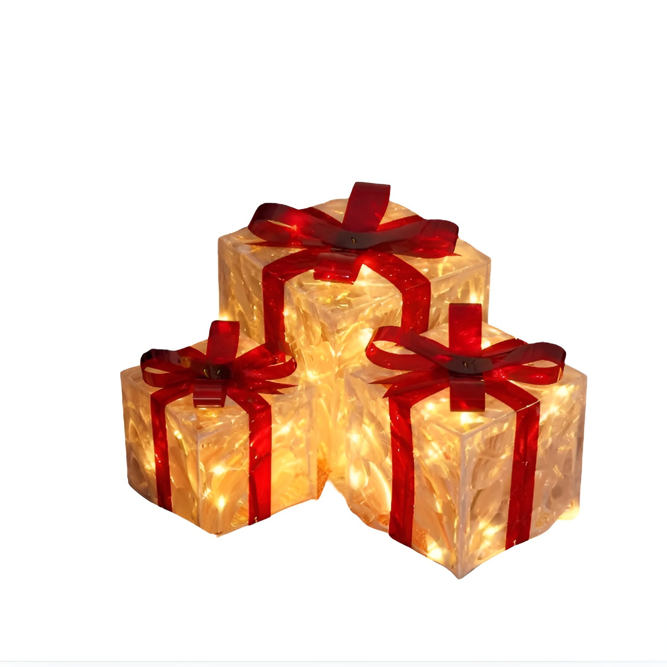 Helle Geschenkboxen im Set von 3 – Transparente Weihnachtsdekoration mit roten Bändern | Für Innen- und Außenbereich