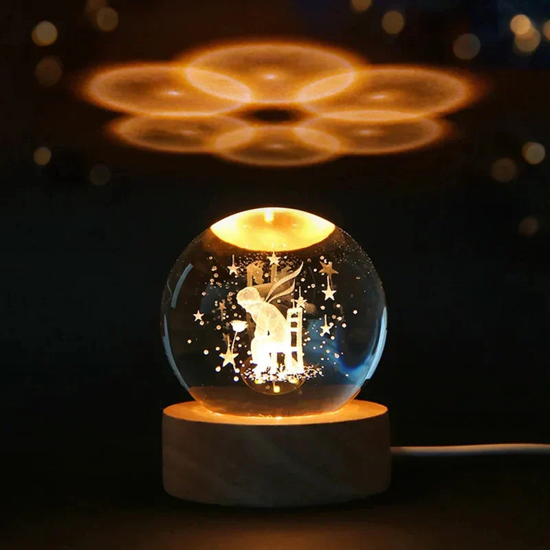 3D Kristall Nachtlicht LED - Sternenhimmel Projektor mit Holzsockel, romantische Beleuchtung für Schlafzimmer und Geschenke