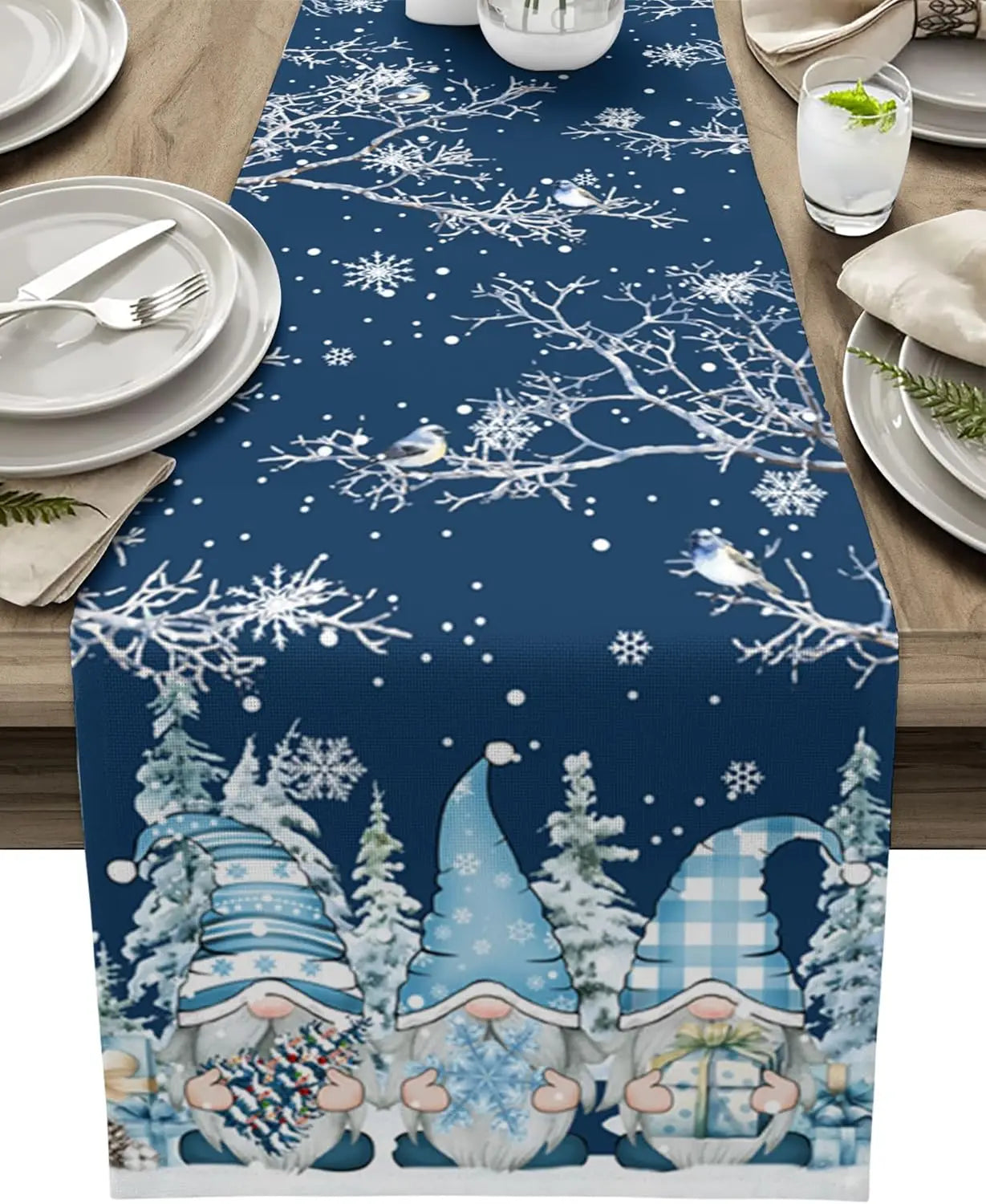 Weihnachtlicher Tischläufer mit Schneemann- und Schneeflocken-Muster – Eleganter Leinenläufer