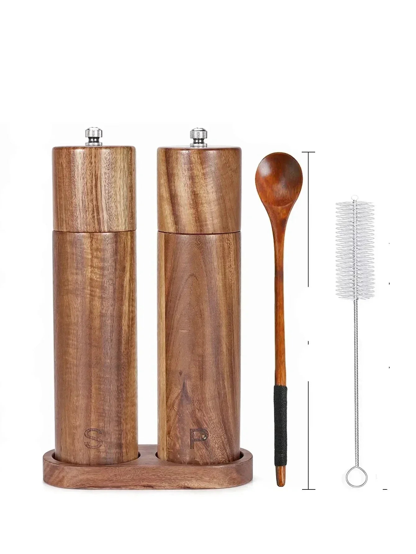 Elegantes Set aus Holz für Pfeffer- und Salzmühlen mit Tablett