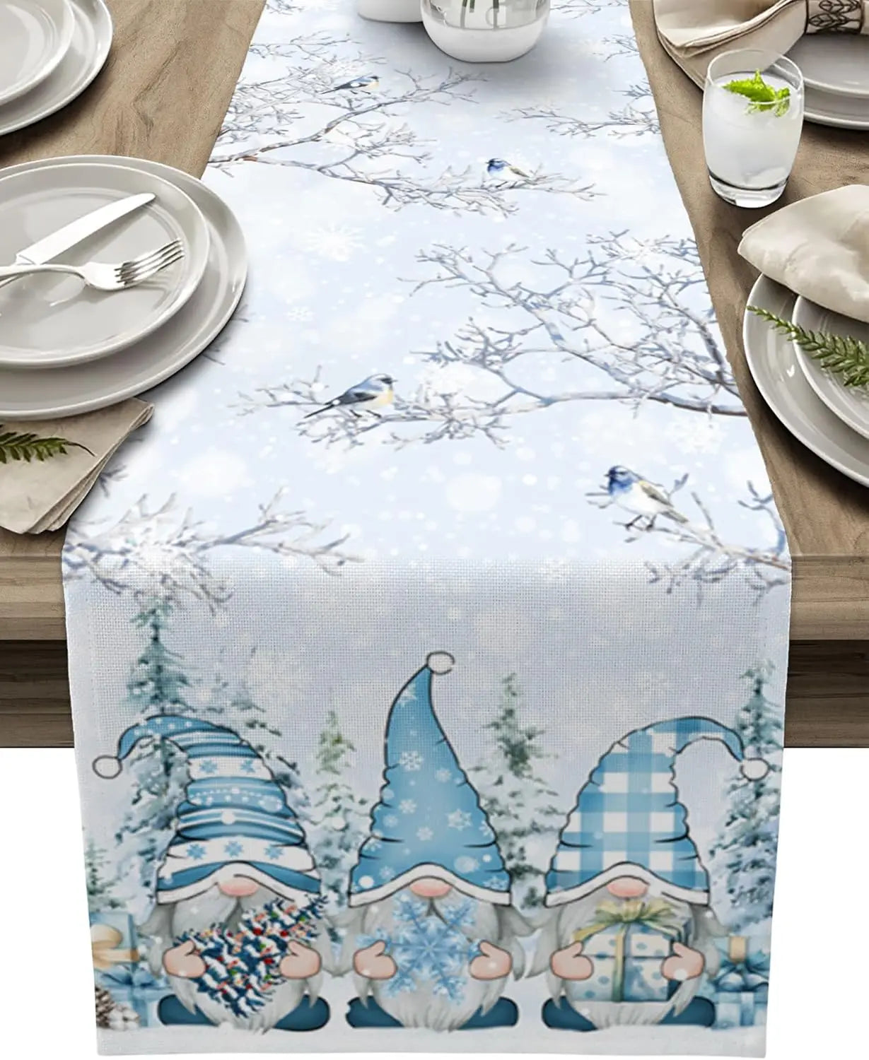 Weihnachtlicher Tischläufer mit Schneemann- und Schneeflocken-Muster – Eleganter Leinenläufer