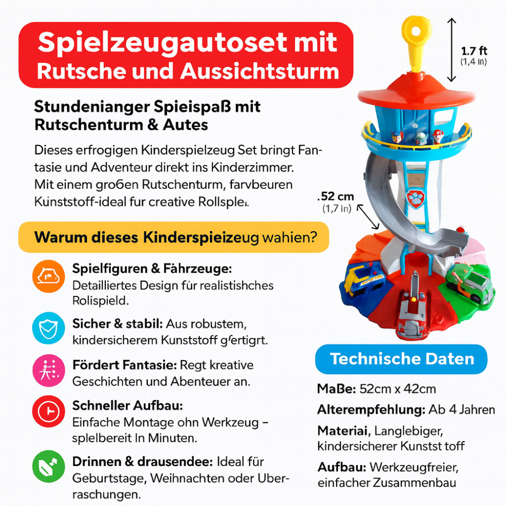 Abenteuerliches Spielzeugauto-Set mit Rutschen und Aussichtsturm