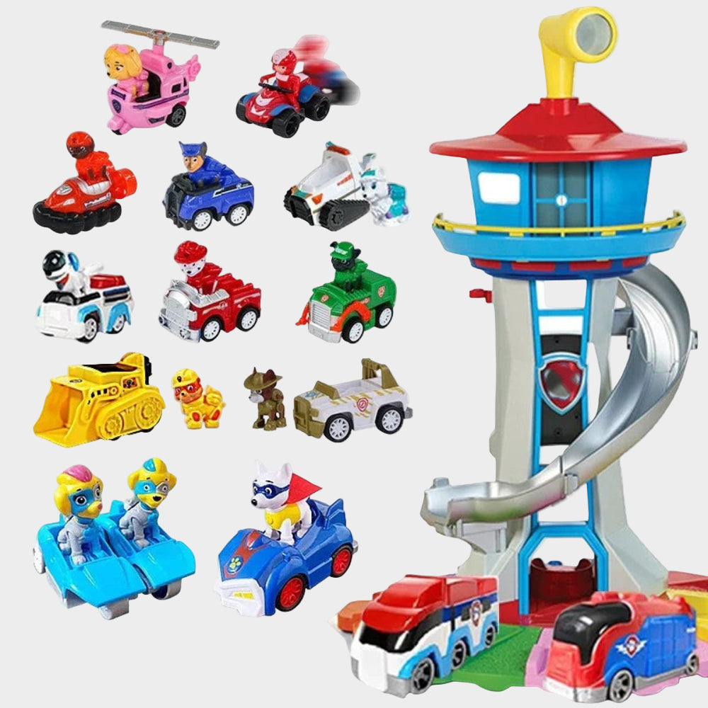 Abenteuerliches Spielzeugauto-Set mit Rutschen und Aussichtsturm