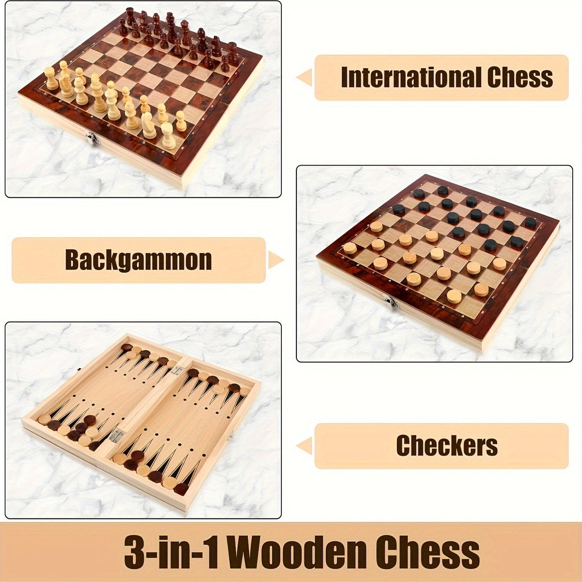 Elegant 3-in-1 Wooden Game Set: Chess, Checkers, and Backgammon