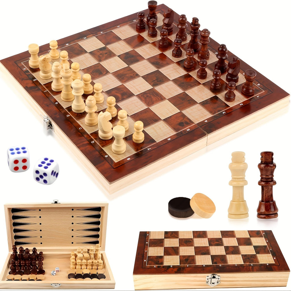 Elegant 3-in-1 Wooden Game Set: Chess, Checkers, and Backgammon
