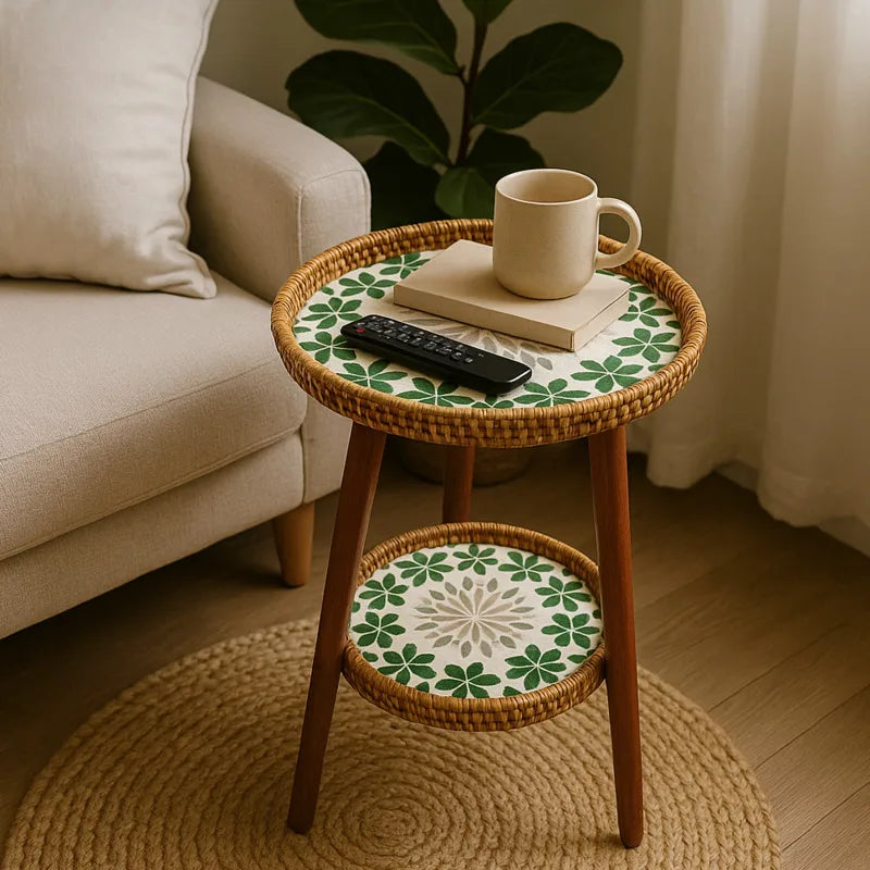 Doppeltseitiger Tisch mit kunstvollem Mosaikmuster - Rattan & Holz