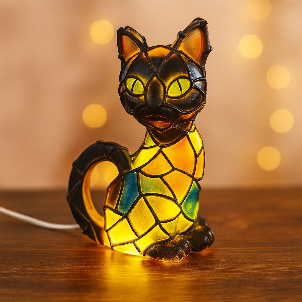 Künstlerische Katzenlampe aus Harz – Eleganter Lichtakzent im Tiffany-Stil