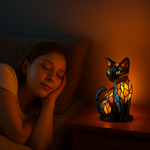 Farbwechselnde Tischlampe mit Katzenmotiv aus Glas