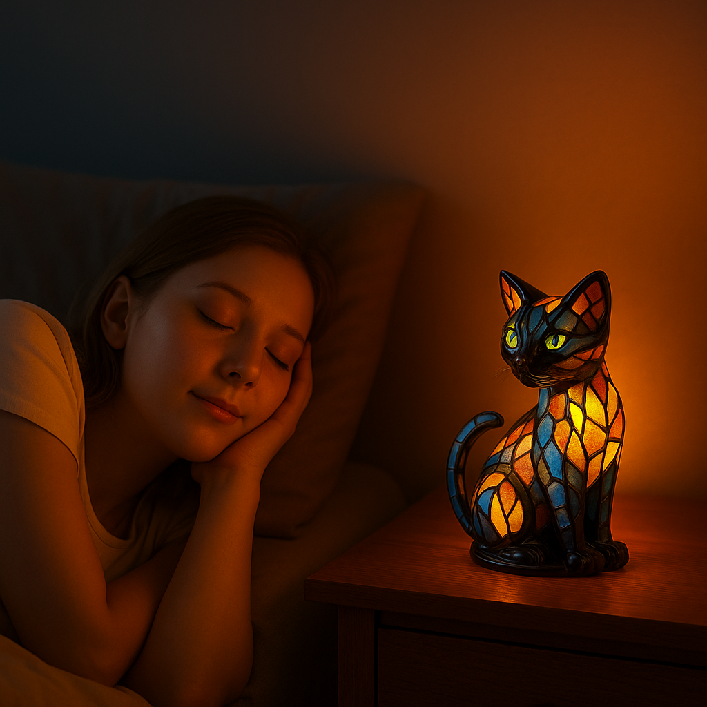 Farbwechselnde Tischlampe mit Katzenmotiv aus Glas