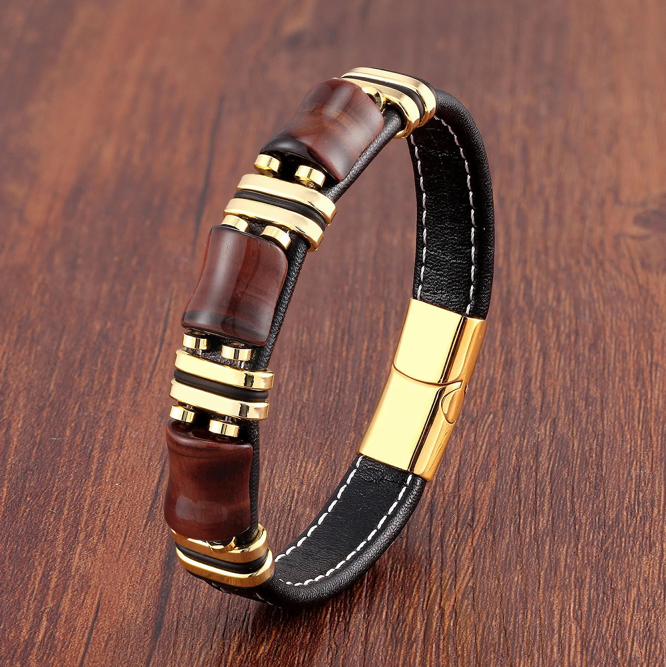Lederarmband mit Tigerauge und Edelstahlakzenten – Naturstein Schmuck