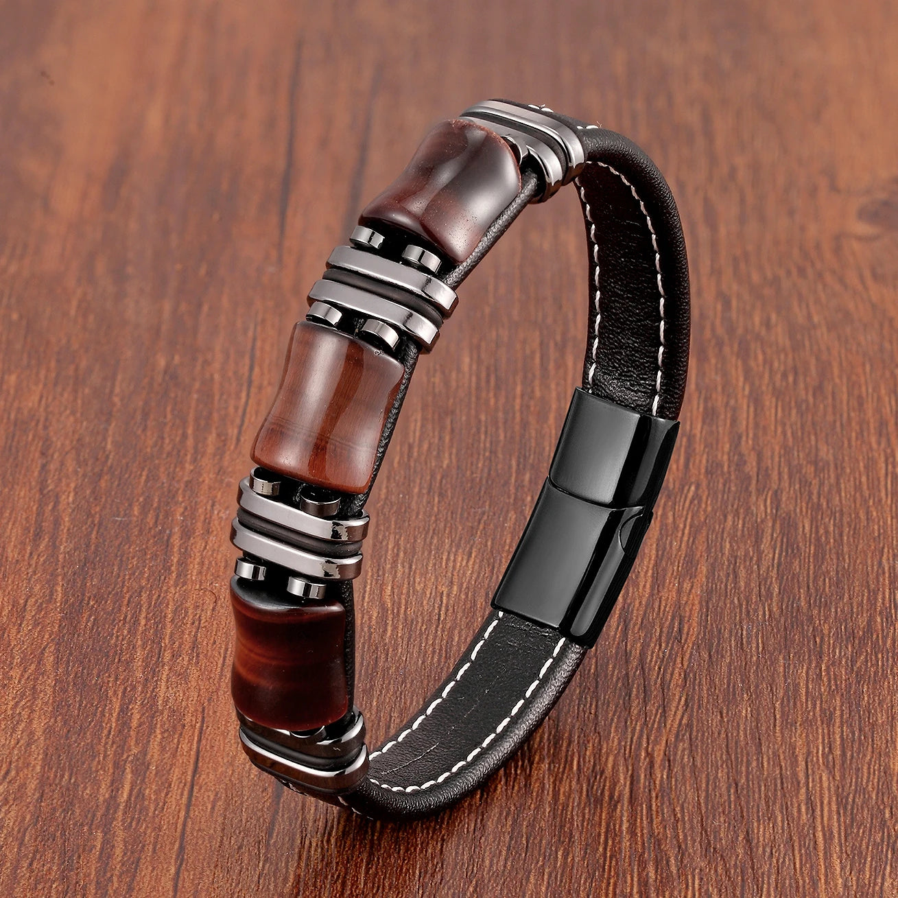 Lederarmband mit Tigerauge und Edelstahlakzenten – Naturstein Schmuck