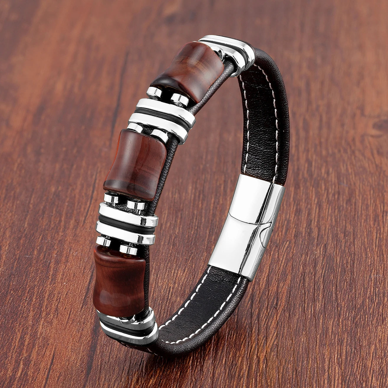 Lederarmband mit Tigerauge und Edelstahlakzenten – Naturstein Schmuck