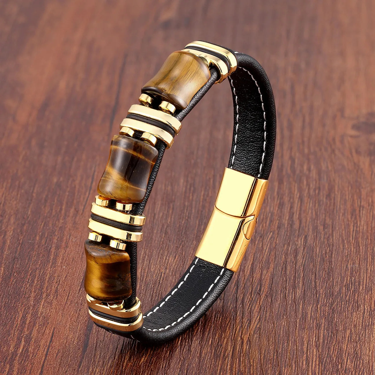 Lederarmband mit Tigerauge und Edelstahlakzenten – Naturstein Schmuck