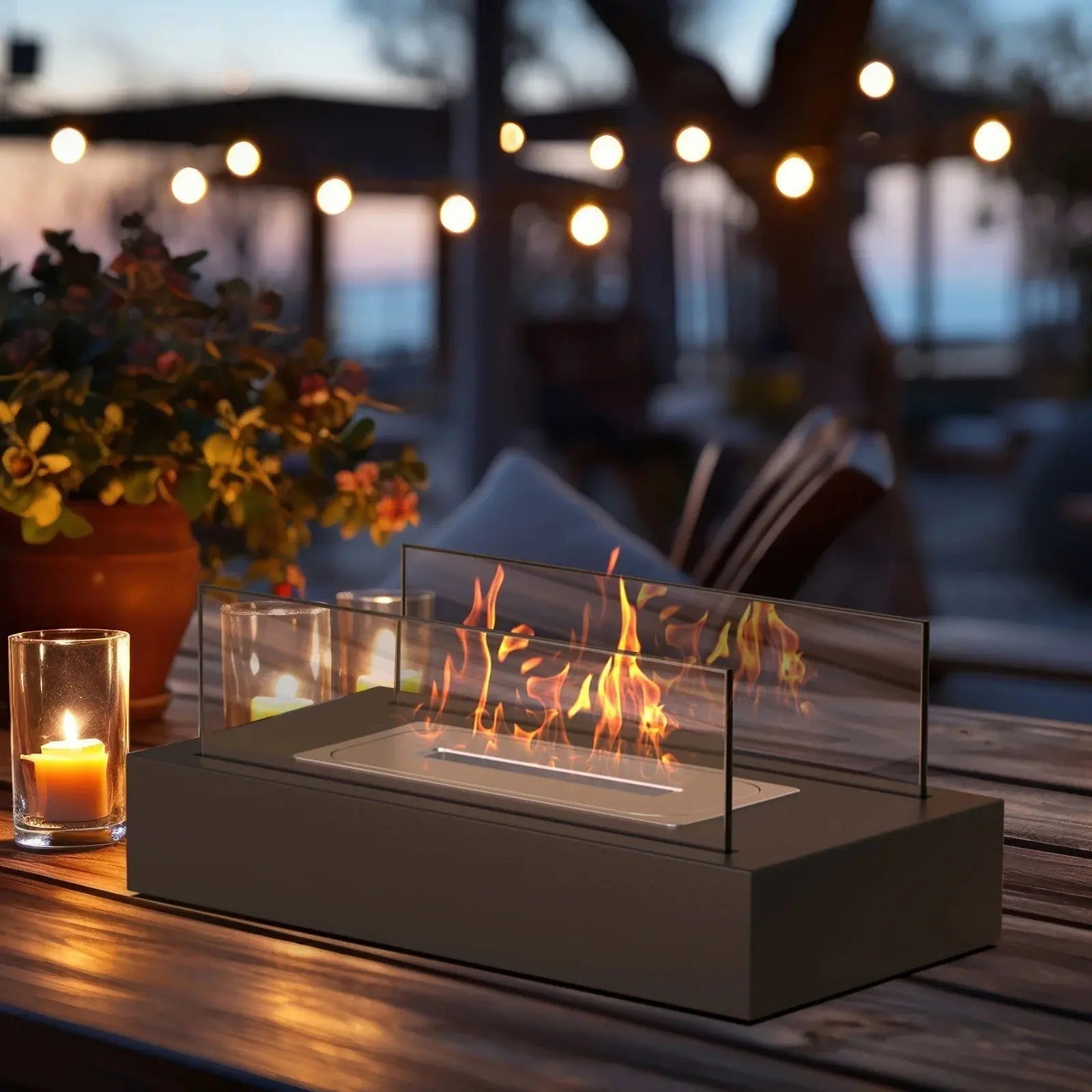 Tisch-Bioethanol Kamin | Echtes Feuer ohne Rauch | Windschutz aus Glas | FlammeLux