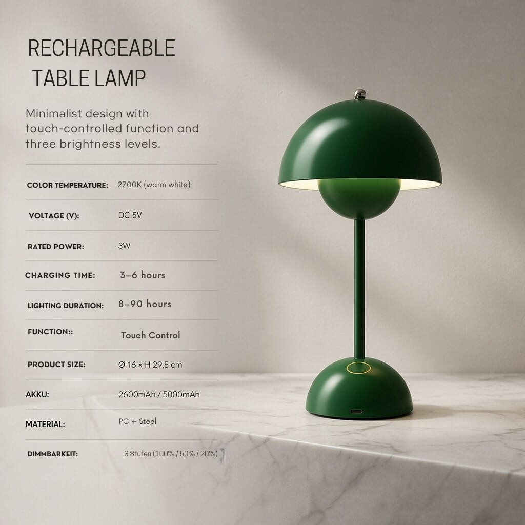 Elegante kabellose Tischlampe mit dimmbarem LED-Licht