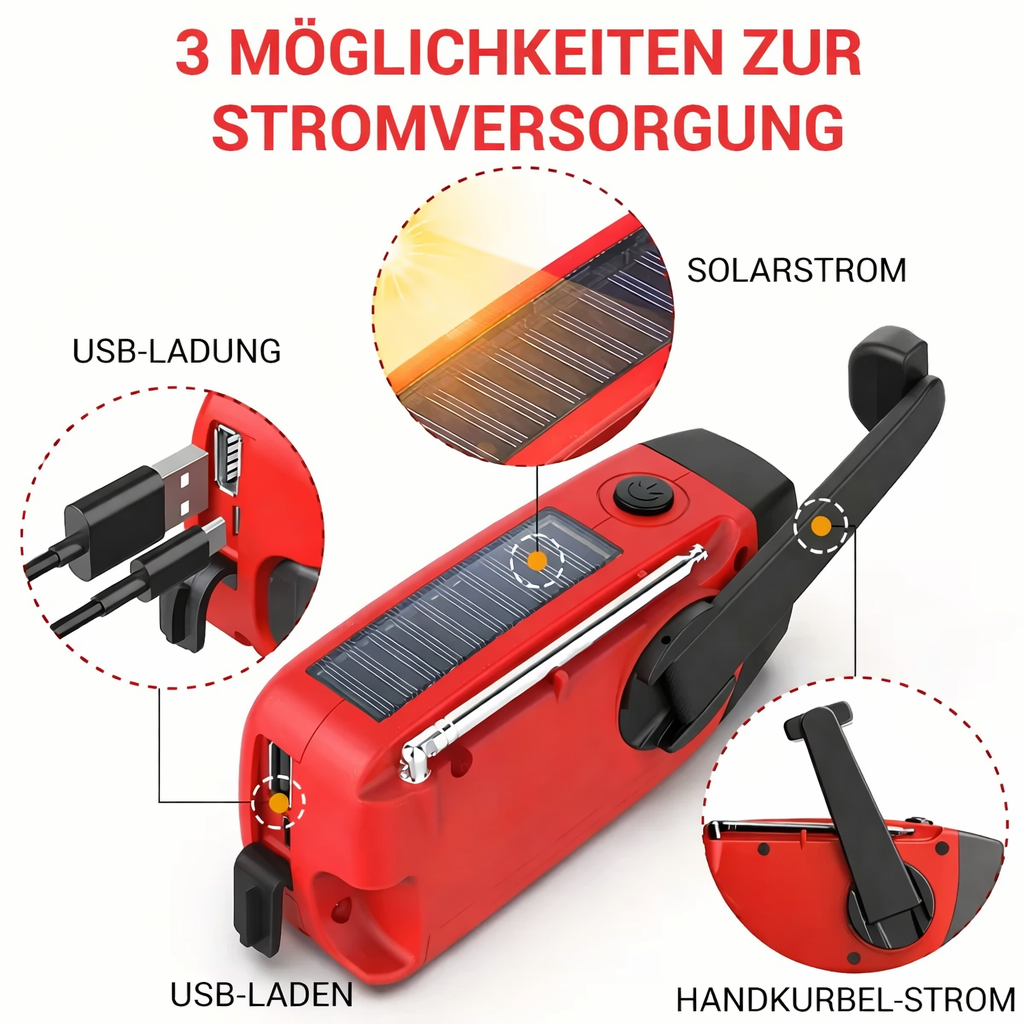 Tragbares Notfallradio | Zuverlässige Stromversorgung & Warnempfang | Integrierte Taschenlampe und Powerbank | AlertMax