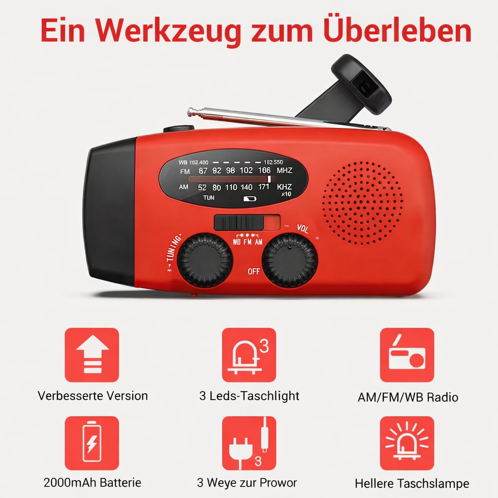 Tragbares Notfallradio | Zuverlässige Stromversorgung & Warnempfang | Integrierte Taschenlampe und Powerbank | AlertMax