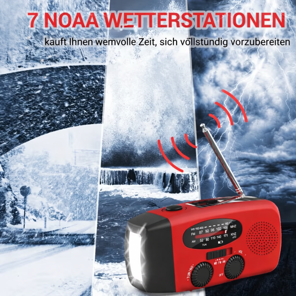 Tragbares Notfallradio | Zuverlässige Stromversorgung & Warnempfang | Integrierte Taschenlampe und Powerbank | AlertMax