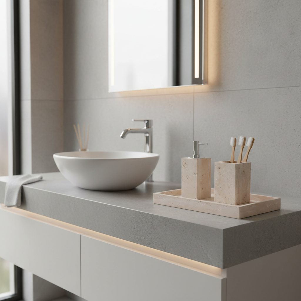 Elegant Bathroom Accessory Set – Soap Dispenser, Toothbrush Holder & Tray Made of Natural Stone