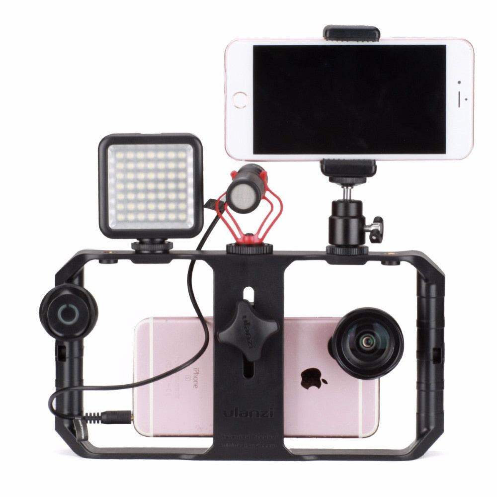 Smartphone-Stabilisator mit VideoGrip – Professionelles Filmgehäuse mit Kaltenschuh-Befestigungen