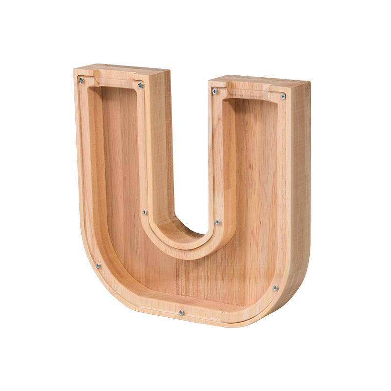 Handgefertigte Holzspardose mit Alphabet-Design