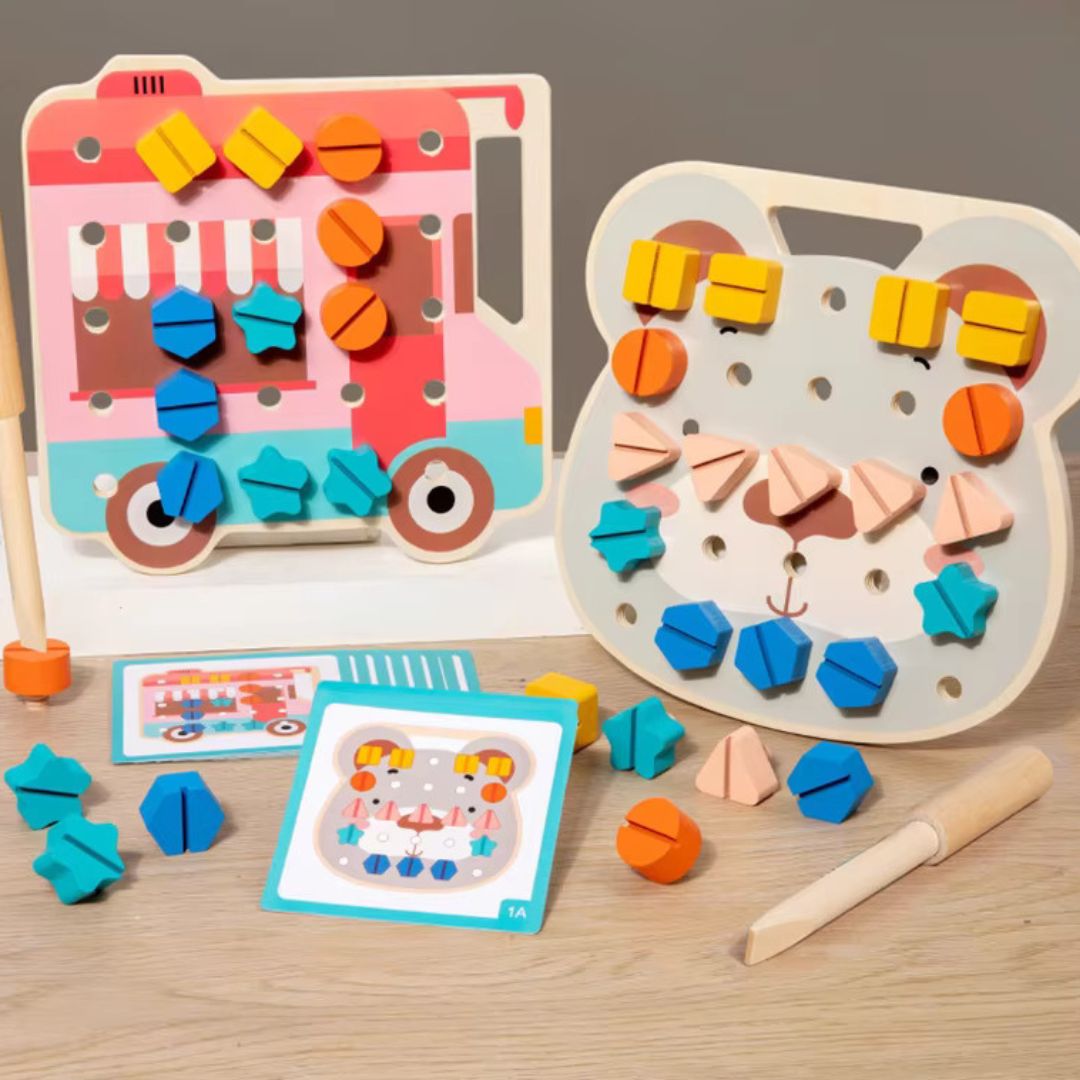Bärenplatte mit Montessori Farbenschauben für kleine Handwerker