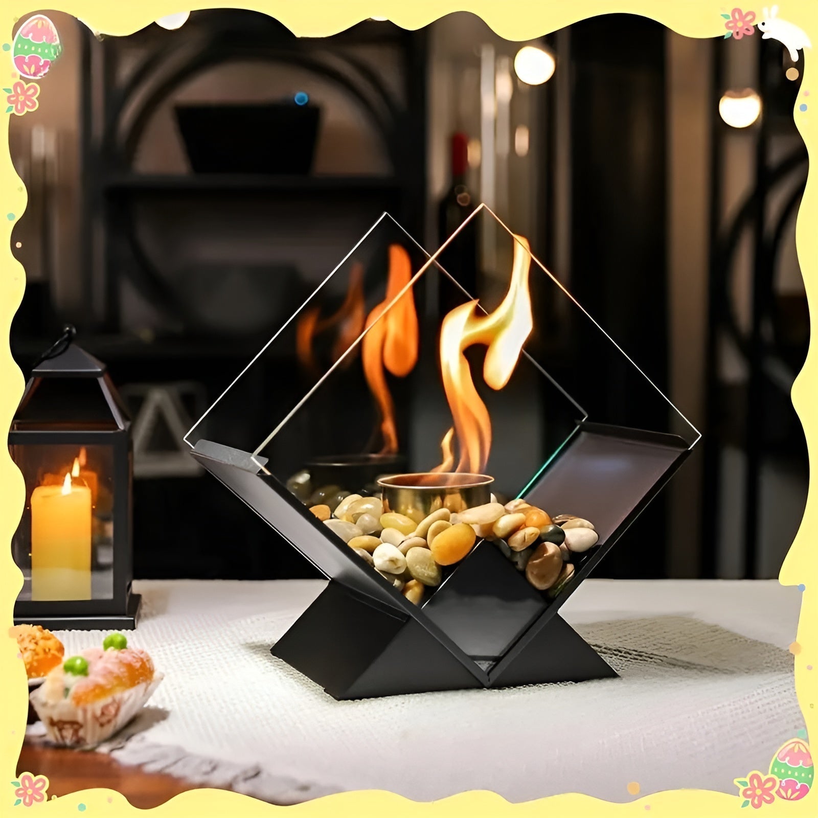 Eleganter Tischfeuer mit Stein-Dekor und Bio-Ethanol-Flamme