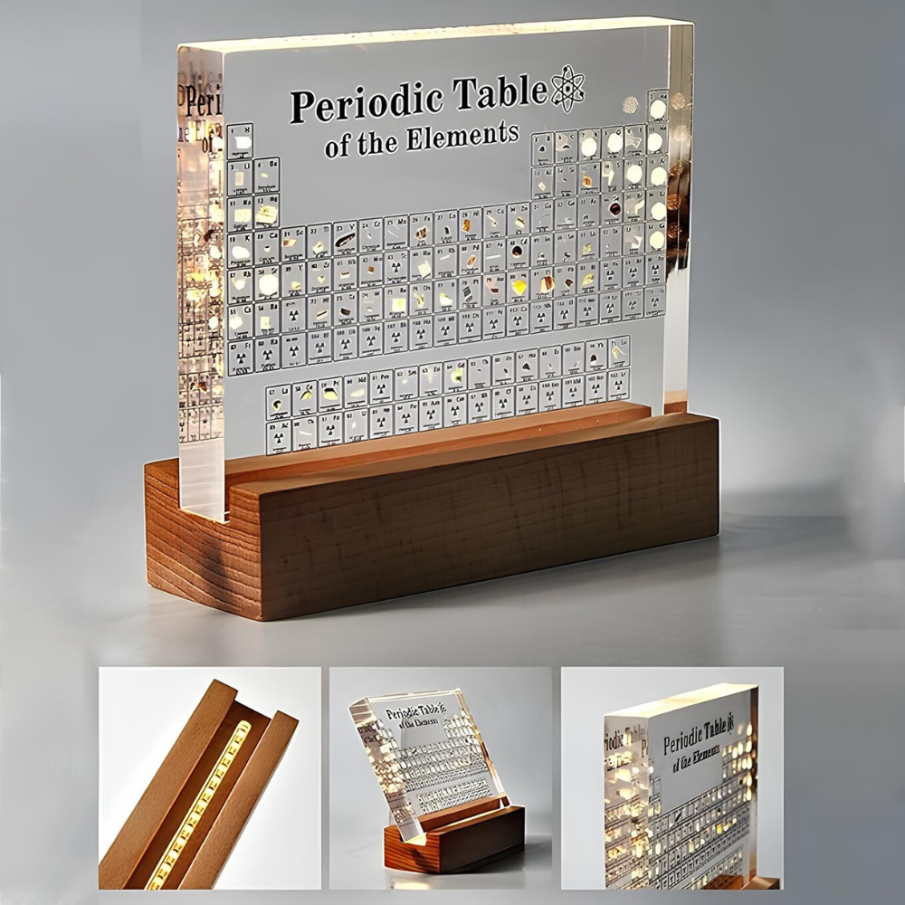 Beleuchtete Periodische Tabelle mit echten Elementen – ChemieKunst