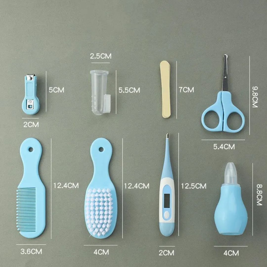 Babypflegeset mit Nagelschneider, Fieberthermometer, Bürste und Kamm