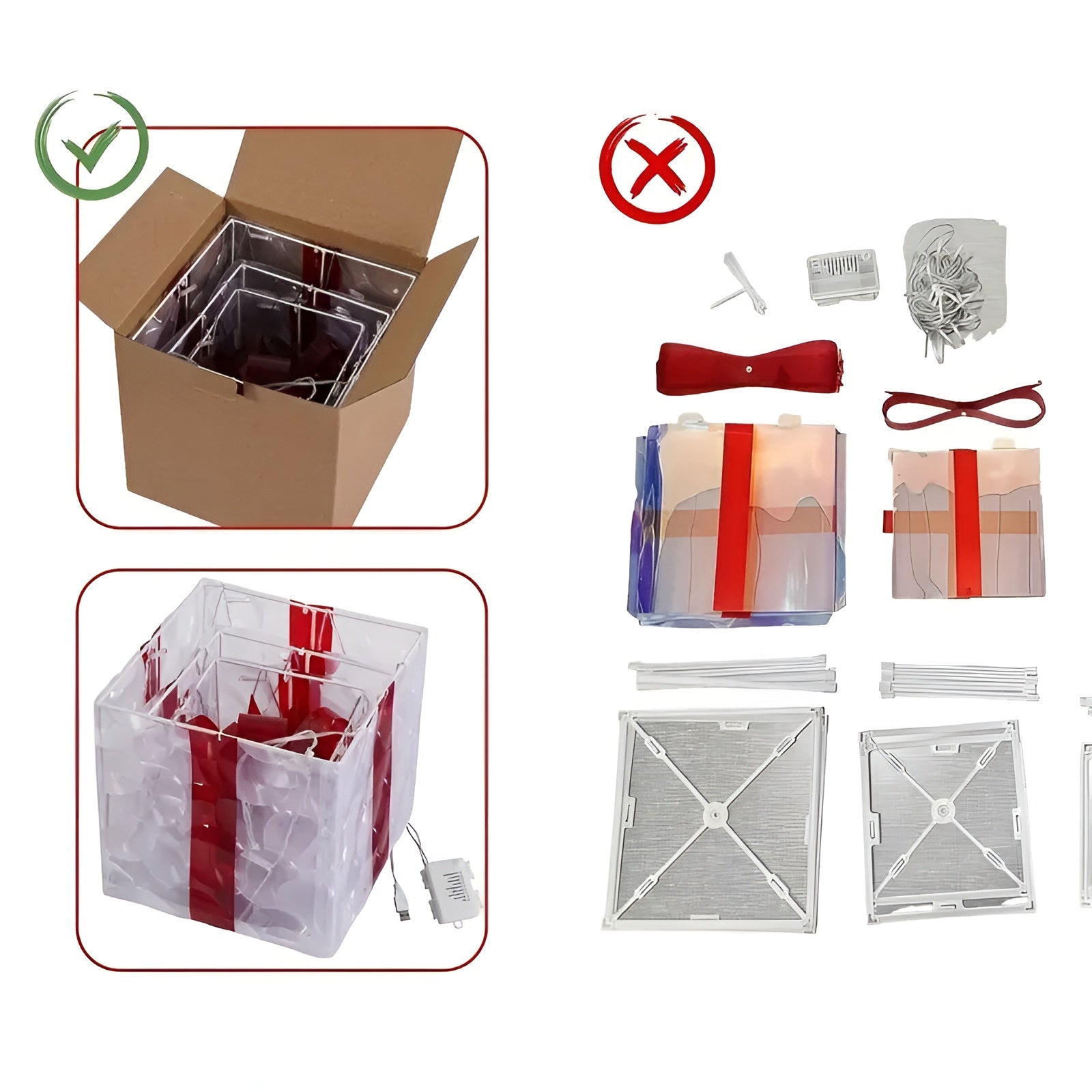 Helle Geschenkboxen im Set von 3 – Transparente Weihnachtsdekoration mit roten Bändern | Für Innen- und Außenbereich