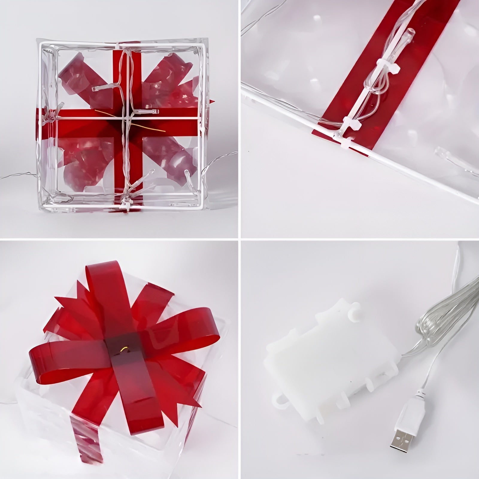 Helle Geschenkboxen im Set von 3 – Transparente Weihnachtsdekoration mit roten Bändern | Für Innen- und Außenbereich