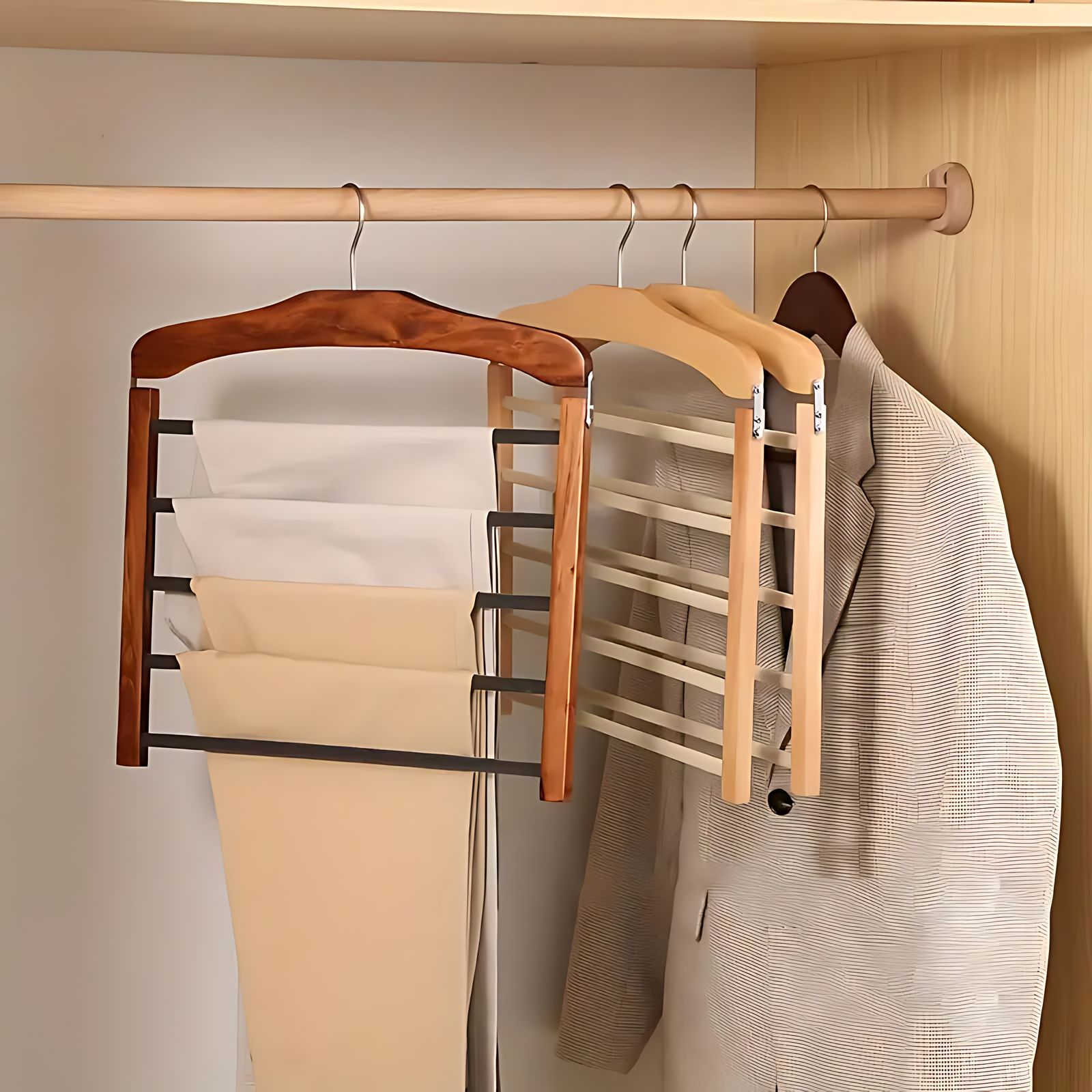 Kleiderschrank-Organizer: Stilvoller Mehrstufiger Kleiderbügel aus Holz und Metall