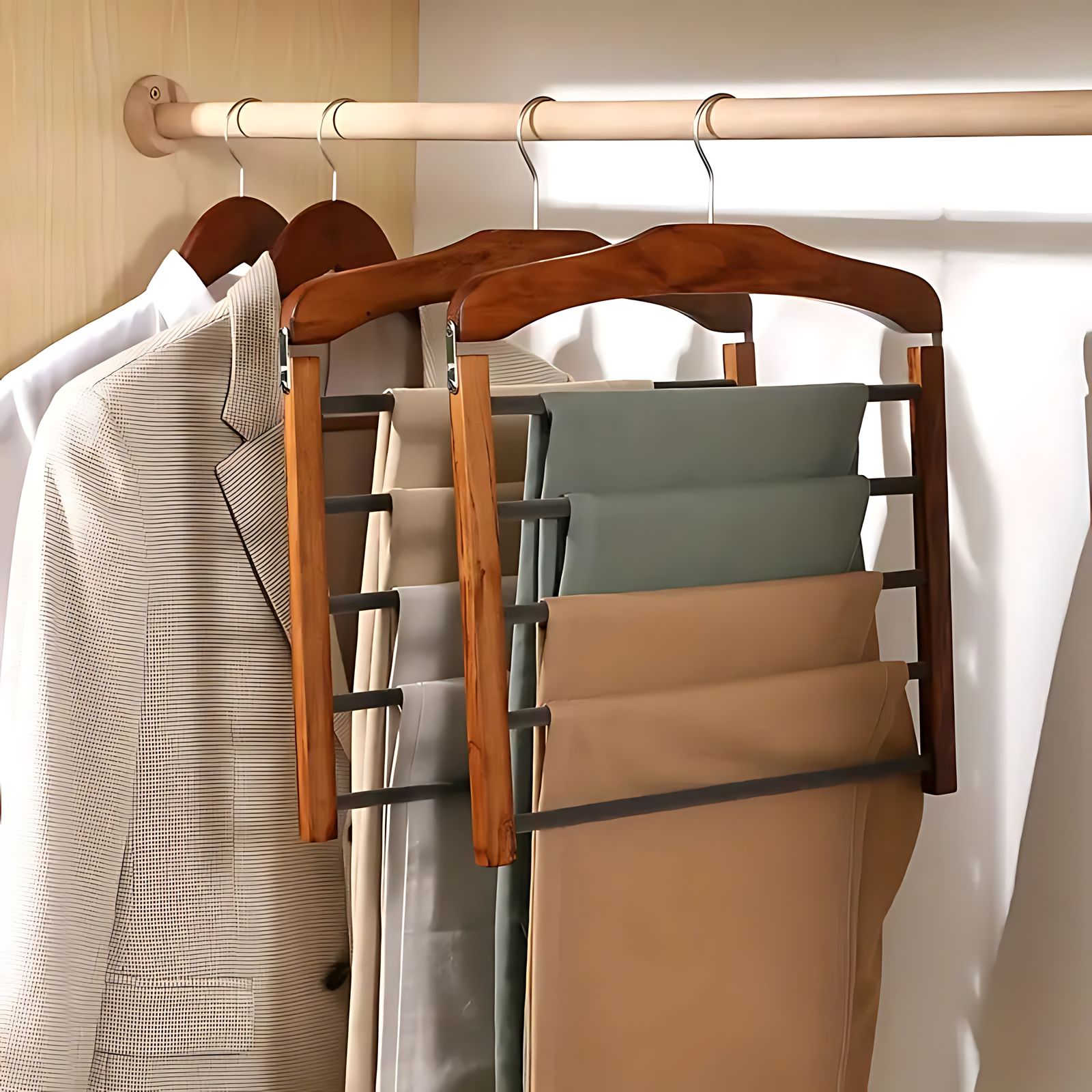 Kleiderschrank-Organizer: Stilvoller Mehrstufiger Kleiderbügel aus Holz und Metall