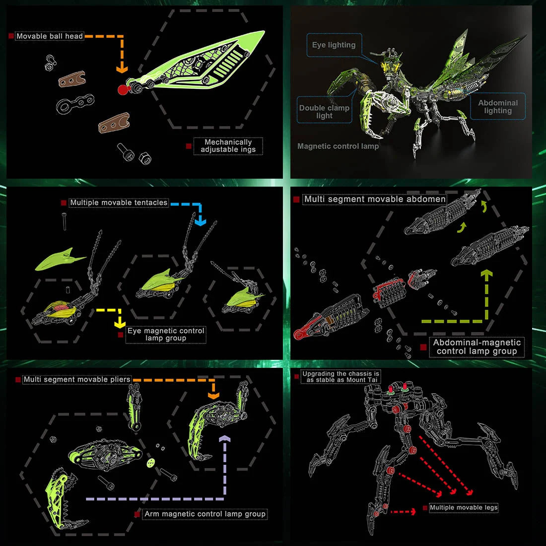 3D Mantis Kit Stainless Steel Movable Joints & Magnetic LED