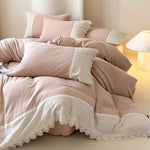 4-Piece Bedding Set Breathable Cotton Gauze Lace Trim