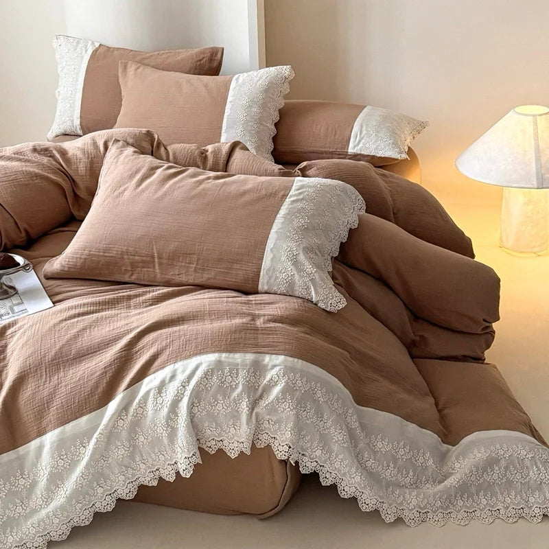 4-Piece Bedding Set Breathable Cotton Gauze Lace Trim