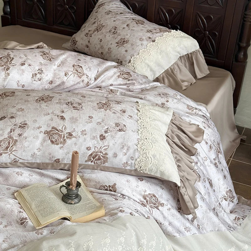 4-Piece Bedding Set Cotton Percale & Satin Trim Lace Applique