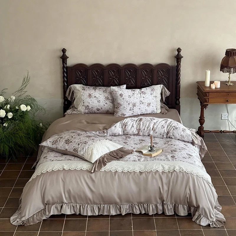 4-Piece Bedding Set Cotton Percale & Satin Trim Lace Applique