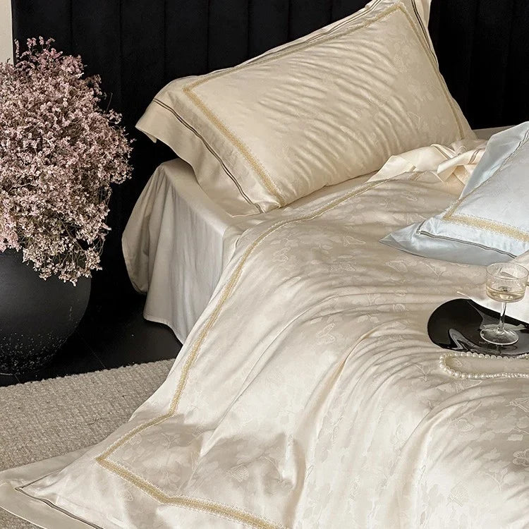 4-Piece Bedding Set Cotton Satin Tonal Jacquard Embroidered Border