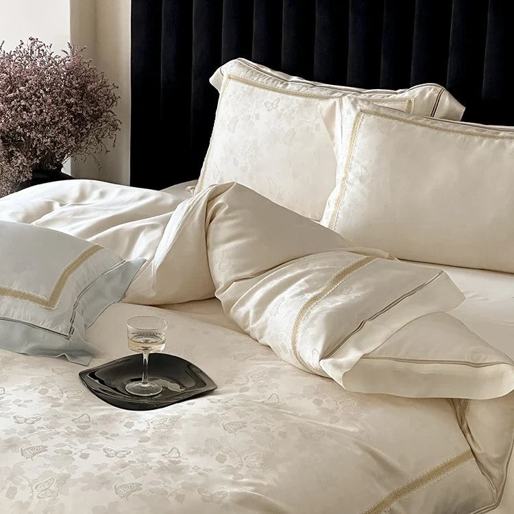 4-Piece Bedding Set Cotton Satin Tonal Jacquard Embroidered Border