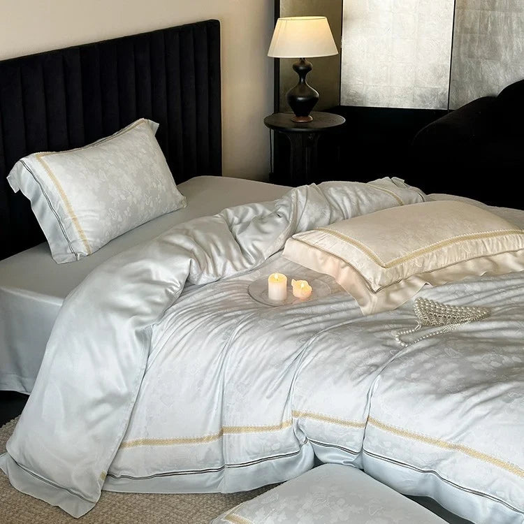 4-Piece Bedding Set Cotton Satin Tonal Jacquard Embroidered Border