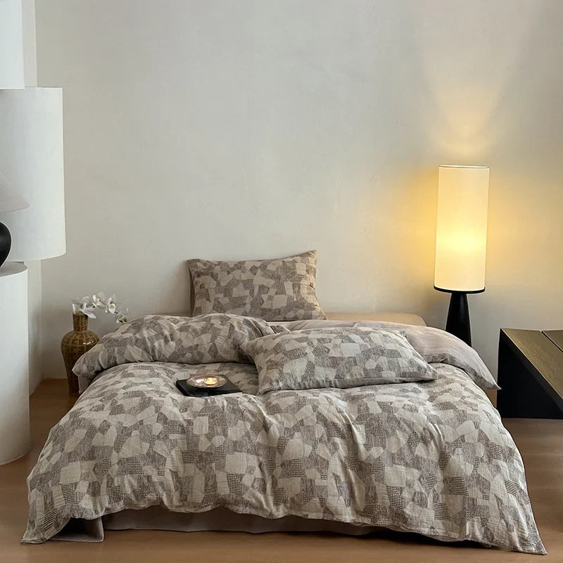 4-Piece Bedding Set Linen-Cotton Temperature-Regulating Geometric Patchwork
