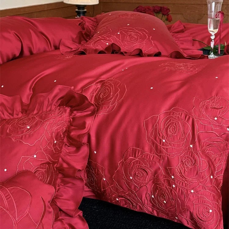 4-Piece Bedding Set Satin Look Rose Embroidery