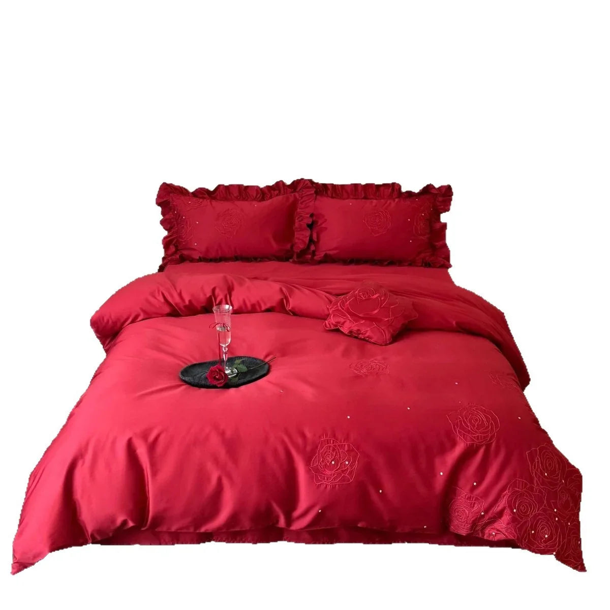 4-Piece Bedding Set Satin Look Rose Embroidery