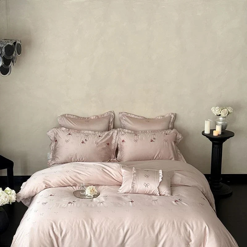 4-Piece Bedding Set Silky Satin Floral Embroidery Machine Washable