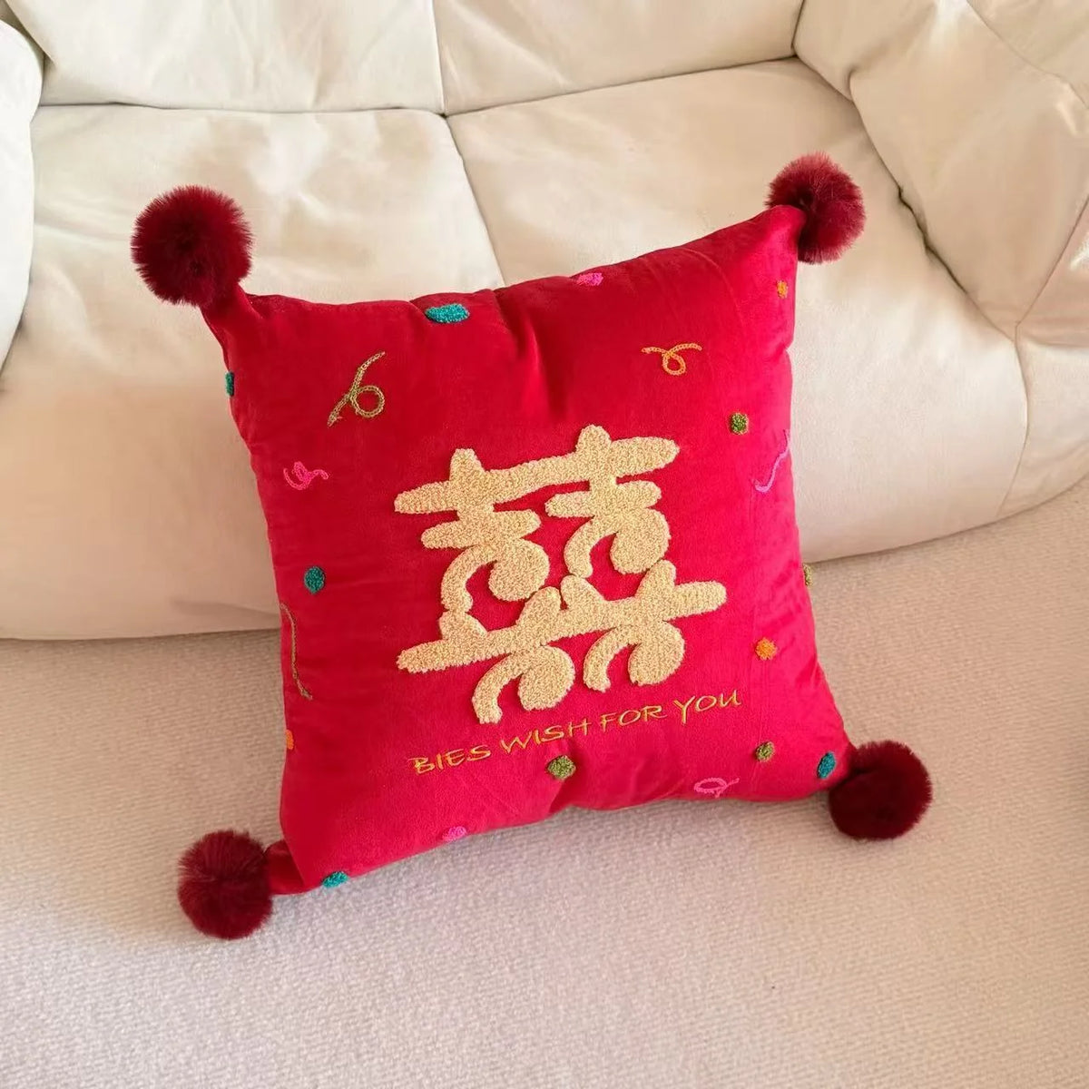 Accent Cushion Hand-Tufted Chenille Pom-Pom Corners
