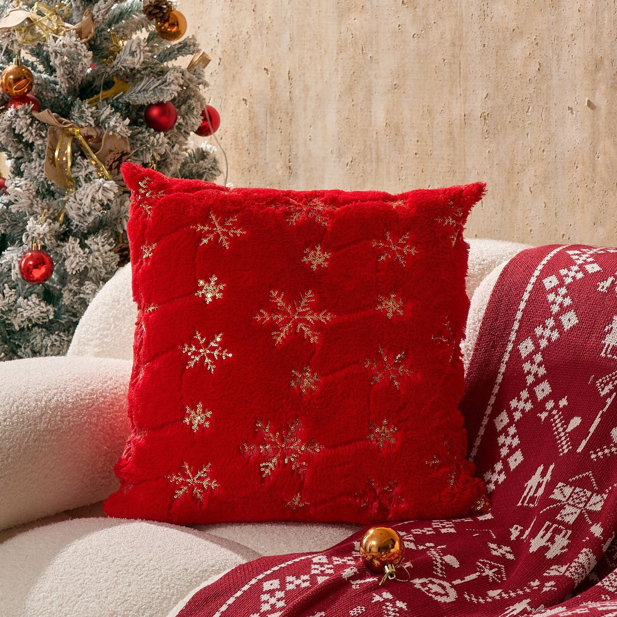 Accent Pillow Cover Faux-Fur Embroidered Sequin Snowflakes
